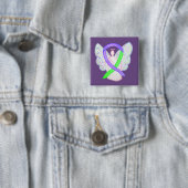 Badge Carré 5 Cm Boutons d'angle violet et citron vert (En situation)