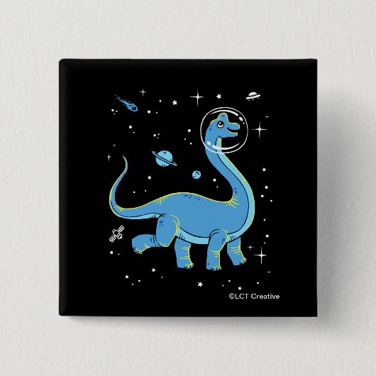 Badge Carré 5 Cm Brachiosaurus Bleu Dinos Dans L'Espace (Devant)