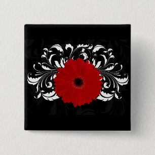 Badge Carré 5 Cm Bright Red Gerbera Daisy on Black