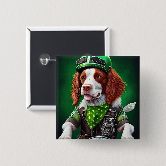 Badge Carré 5 Cm Brittany Spaniel conduite vélo St. Patrick's Day (Devant & derrière)