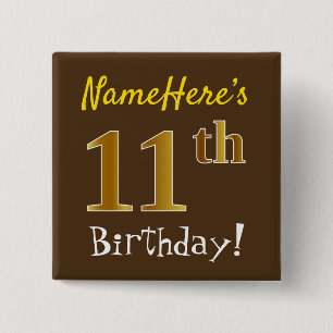 Badge Carré 5 Cm Brown, Faux Gold 11ème Anniversaire, Avec Nom Pers