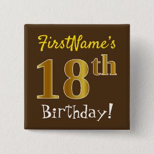 Badge Carré 5 Cm Brown, Faux Gold 18e anniversaire, avec nom person