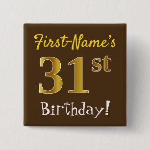 Badge Carré 5 Cm Brown, Faux Gold 31ème Anniversaire, Avec Nom Pers