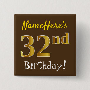 Badge Carré 5 Cm Brown, Faux Gold 32e Anniversaire, Avec Nom Person