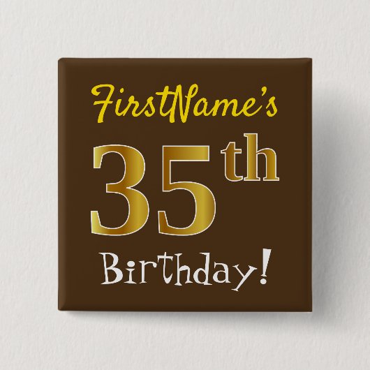 Badge Carré 5 Cm Brown, Faux Gold 35ème Anniversaire, Avec Nom Pers (Devant)