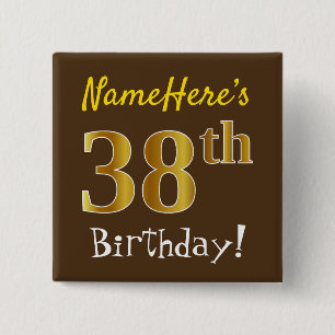 Badge Carré 5 Cm Brown, Faux Gold 38ème Anniversaire, Avec Nom Pers