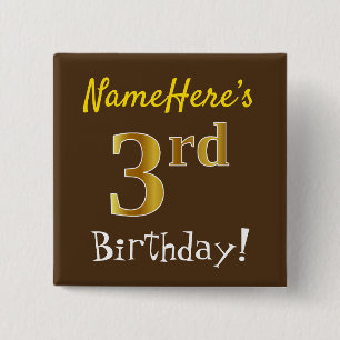 Badge Carré 5 Cm Brown, Faux Gold 3ème anniversaire, avec nom perso