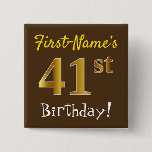 Badge Carré 5 Cm Brown, Faux Gold 41ème Anniversaire, Avec Nom Pers