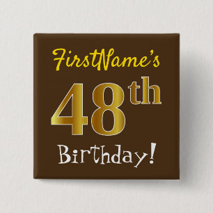 Badge Carré 5 Cm Brown, Faux Gold 48ème Anniversaire, Avec Nom Pers