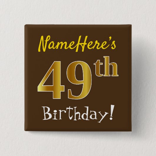 Badge Carré 5 Cm Brown, Faux Gold 49e Anniversaire, Avec Nom Person (Devant)