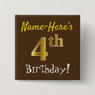 Badge Carré 5 Cm Brown, Faux Gold 4e anniversaire, avec nom personn