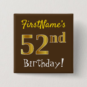 Badge Carré 5 Cm Brown, Faux Gold 52e Anniversaire, Avec Nom Person