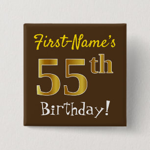 Badge Carré 5 Cm Brown, Faux Gold 55ème Anniversaire, Avec Nom Pers