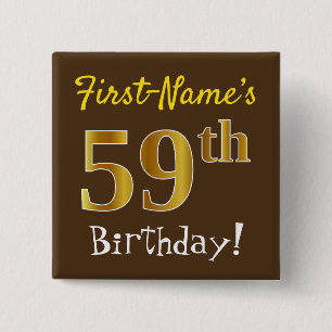 Badge Carré 5 Cm Brown, Faux Gold 59ème Anniversaire, Avec Nom Pers