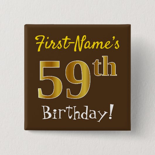Badge Carré 5 Cm Brown, Faux Gold 59ème Anniversaire, Avec Nom Pers (Devant)