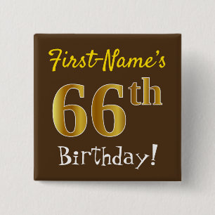 Badge Carré 5 Cm Brown, Faux Gold 66e anniversaire, avec nom person
