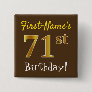 Badge Carré 5 Cm Brown, Faux Gold 71ème Anniversaire, Avec Nom Pers