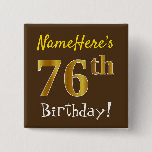 Badge Carré 5 Cm Brown, Faux Gold 76e anniversaire, avec nom person