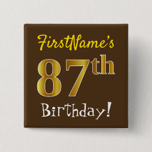 Badge Carré 5 Cm Brown, Faux Gold 87e anniversaire, avec nom person