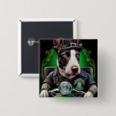 Badge Carré 5 Cm Bull Terrier Chien Conduite Vélo St. Patrick's Day (Devant & derrière)