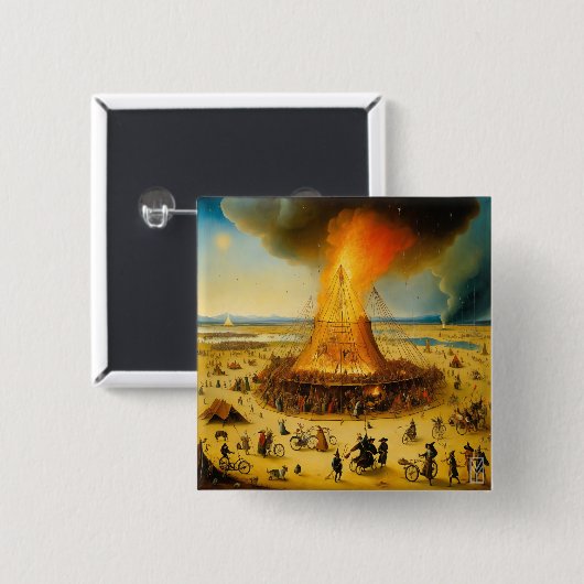 Badge Carré 5 Cm Button Burning Man in Boschian Vision (Devant & derrière)