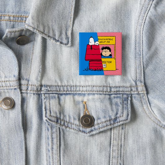 Badge Carré 5 Cm cacahuètes | Snoopy & Lucy Half & Half (En situation)