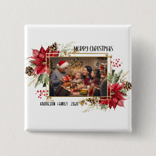 Badge Carré 5 Cm Cadre doré moderne floral joyeux Noël Photo