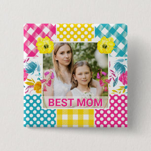 Badge Carré 5 Cm Cadre photo fleuri et à carreaux pour la fête des