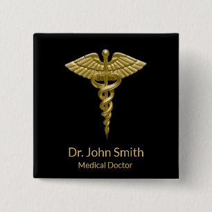 Badge Carré 5 Cm Caducée en or Médicale classique sur noir - Bouton