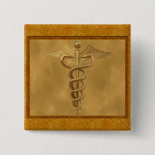 Badge Carré 5 Cm Caducée Médicale d'or