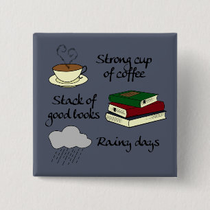 Badge Carré 5 Cm Café, livres et pluie