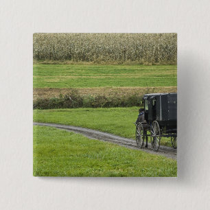 Badge Carré 5 Cm Calèche amish dans une allée de ferme, Ohio du nor