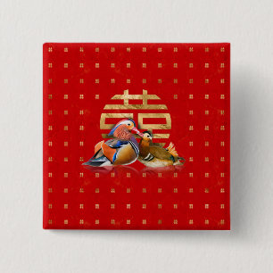 Badge Carré 5 Cm Canards mandarins et bonheur double sur rouge