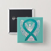 Badge Carré 5 Cm Cancer de l'ovaire Sensibilisation Turquoise Ruban (Devant & derrière)