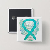 Badge Carré 5 Cm Cancer de l'ovaire Sensibilisation Turquoise Ruban (Devant & derrière)