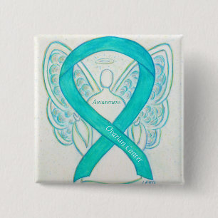 Badge Carré 5 Cm Cancer de l'ovaire Sensibilisation Turquoise Ruban