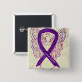 Badge Carré 5 Cm Cancer Survivant Violet Sensibilisation Ruban Ange (Devant & derrière)