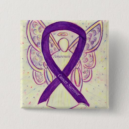 Badge Carré 5 Cm Cancer Survivant Violet Sensibilisation Ruban Ange (Devant)