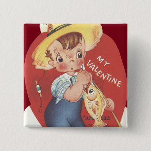 Badge Carré 5 Cm Canne à pêche garçon de la campagne Saint-Valentin