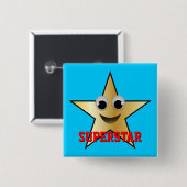 Badge Carré 5 Cm Caractère super étoile souriant couleur or (Devant & derrière)