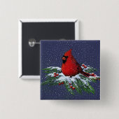BADGE CARRÉ 5 CM CARDINAL DE NOËL : OISEAU : ART : NEIGE (Devant & derrière)