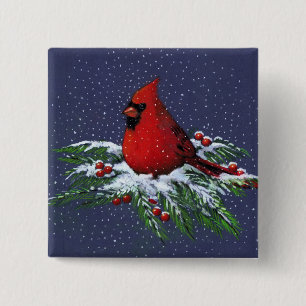BADGE CARRÉ 5 CM CARDINAL DE NOËL : OISEAU : ART : NEIGE