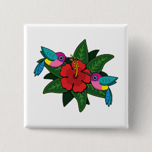 Badge Carré 5 Cm Caricature à fleurs d'Hibiscus - W