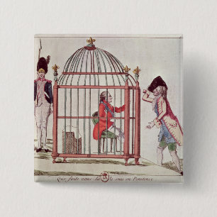 Badge Carré 5 Cm Caricature de Louis XVI dans une cage