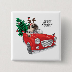 Badge Carré 5 Cm Carlin du Joyeux Noël conduisant la voiture