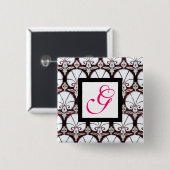Badge Carré 5 Cm CARNATIONS BLANCHES DAMASK MONOGRAM fuchsia rose (Devant & derrière)