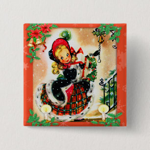 Badge Carré 5 Cm Caroleur de Noël Vintage