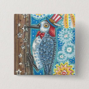 BADGE CARRÉ 5 CM CARRÉ DE BOUTON PATRIOTIQUE WOODPECKER & FIREWORDS