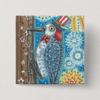 BADGE CARRÉ 5 CM CARRÉ DE BOUTON PATRIOTIQUE WOODPECKER & FIREWORDS