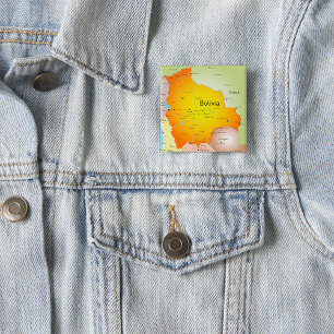 Badge Carré 5 Cm Carte de la Bolivie avec les villes et les frontiè